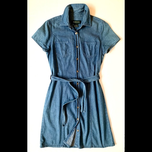 Bushwacker Dresses & Skirts - BUSHWACKER Denim Button Down Dress Self Belt Short Sleeves Lightweight